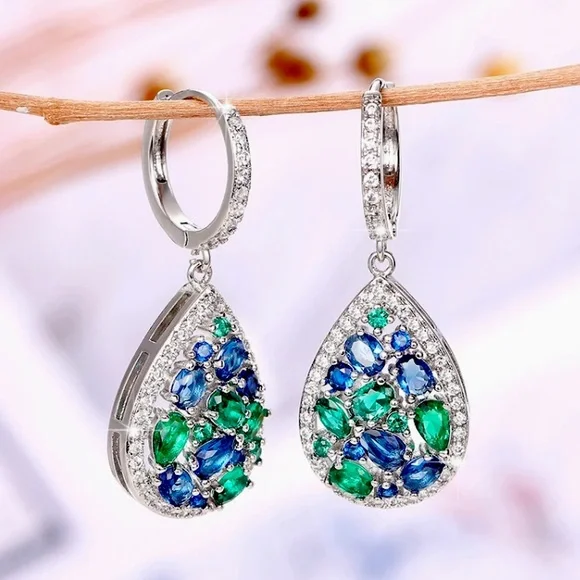 💫 Colorful Drop Earrings with Blue Green Cubic Zirconia - Picture 3 of 6